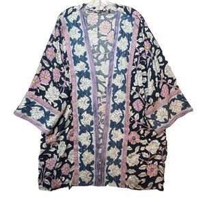 Soft Surroundings Mara Topper Open Cardigan Kimono Jacket Navy Floral Pink Sz M